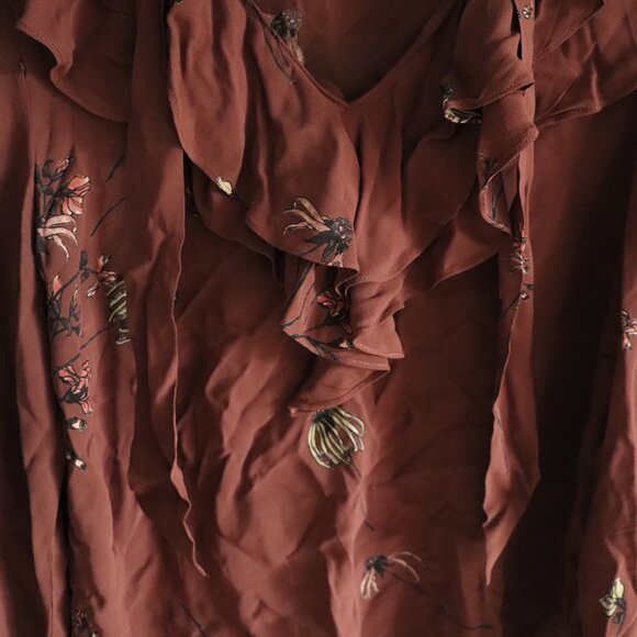 Little Moon Aritzia Ruffled V-Neck Sheer Lrg Floral Cinched Tie Front Blouse - Picture 7 of 12